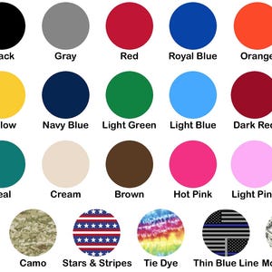 Puede incluir: Una carta de colores con una variedad de colores lisos y patrones. La carta incluye colores como blanco, negro, gris, rojo, azul real, naranja, verde, morado, amarillo, azul marino, verde claro, azul claro, rojo oscuro, verde oscuro, granate, verde azulado, crema, marr&oacute;n, rosa fuerte, rosa claro y plata met&aacute;lica. Tambi&eacute;n se incluyen oro met&aacute;lico, camuflaje, estrellas y rayas, tie dye, l&iacute;nea azul fina e impresi&oacute;n de dinero.