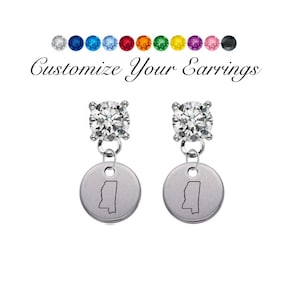 Mississippi State Logo Crystal Post Stud Dangle Earrings (Pick Your Colors - Mix or Match Team Colors)