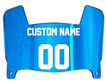 Custom Name & Number Mini Football Helmet LIGHT Blue CHROME MIRROR Shield Visor w/ Facemask Clips - Personalize Your Name, Number, Colors