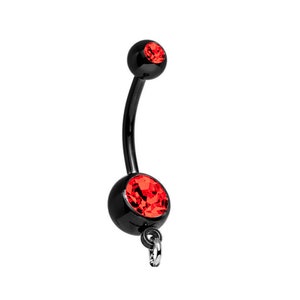 Add Your Own Charm Belly Ring - Black w/ Red CZ Gem Premium Titanium Anodized Belly Button Body Jewelry Piercing