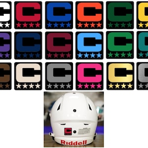 May include: A collection of square decals featuring a letter "C" in various colors, each with a star rating. A white football helmet with the brand name "Riddell" is also shown.