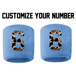 May include: Two light blue wristbands with the number 6 in a snakeskin pattern. The text "CUSTOMIZE YOUR NUMBER" is above the wristbands in bold, black letters. These wristbands are designed for sports or athletic activities.