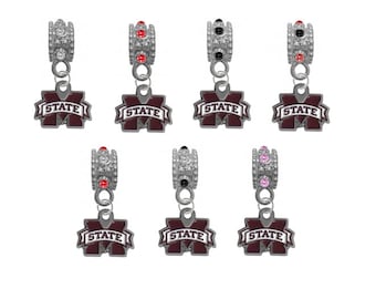 Mississippi St European Bracelet Bead Charm w/ Rhinestone Gem (Pick Your Color) For DIY Bracelets, Necklaces & DIY Jewelry