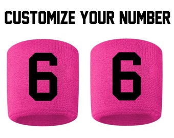 Pick Your Number HOT PINK w/ BLACK Custom Embroidered Stitched Sweatband Wristband Football Baseball Soccer Softball Basketball Lacrosse