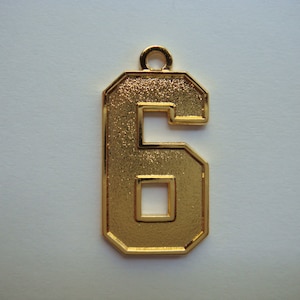 Number 6 Jersey Style Sports Necklace Charm Pendant (0.8&quot; Tall)  GOLD PLATED Football Baseball Basketball Soccer Lacrosse Hockey