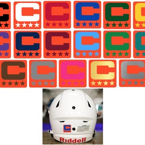 May include: A collection of orange square decals featuring a white letter "C" with various color accents and star ratings. A white football helmet with a matching decal and the "Riddell" logo is also shown.