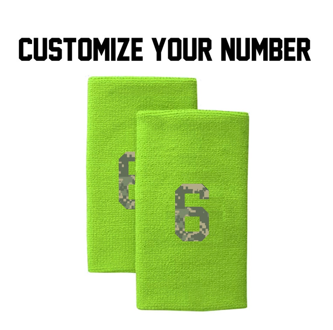 Custom Number 6 Sweat Band Wrist Band VOLT GREEN W/ CAMO Numbers