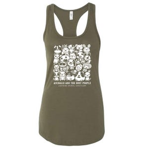 May include: An olive green vest top with a white graphic of cartoon animals. The text "ANIMALS ARE THE BEST PEOPLE" and "LADYBIRD ANIMAL SANCTUARY" are printed below the graphic. The top has a racerback design.