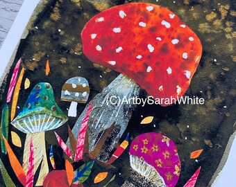 May include: A colorful watercolor painting featuring several mushrooms. The largest mushroom is red with white spots. Other mushrooms have blue, gold, and pink caps. The background is dark with gold flecks, and the artwork includes the text "(C) ArtbySarahWhite."