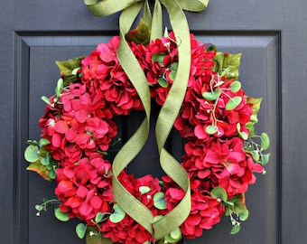 Corona navideña - Hortensias rojas - Corona de hortensias - Decoración navideña - Corona navideña - Decoración navideña