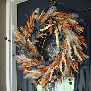 Fall Boho Wreath - Blue Fall Wreath - Fall Wreath for front Door - Wispy Autumn Wreath - Fall Grasses Wreath for Door