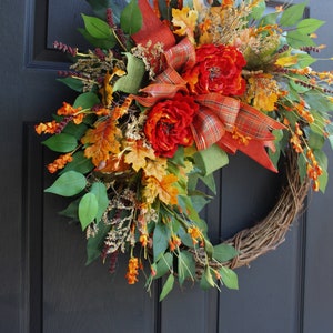Fall Peony Door Wreath: Autumn Grapevine Wreath with Bow image 3