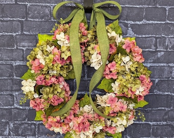 Corona primaveral de hortensias: flores de seda hechas a mano, decoración para puertas