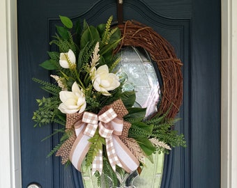Corona de magnolia artificial: adorno primaveral para puerta, ideal para decorar todo el año.