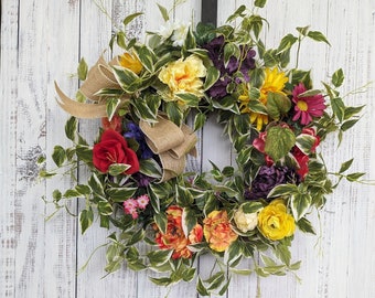 Floral Garden Door Wreath: Colorful Spring Summer Decor