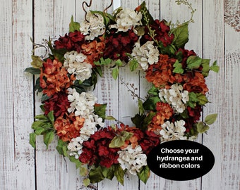 Autumn Hydrangea Wreath: Fall Door Decor, Grapevine Base