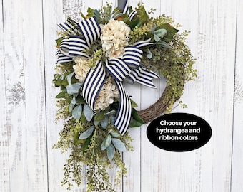 Hydrangea Spring Wreath: Farmhouse Door Decor, Neutral Floral Wreath