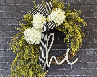 Corona extragrande de hortensias blancas: decoración de puerta para primavera y verano (86-91 cm)