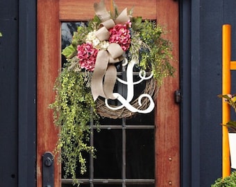 Hydrangea Grapevine Wreath: Year Round Door Decor, Monogram Option