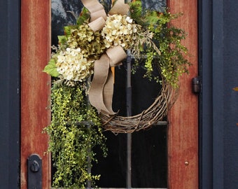 Hydrangea Grapevine Wreath: Year Round Greenery, Personalized Monogram