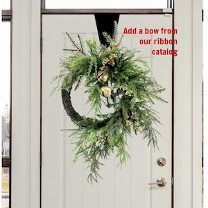 Pine and Cedar Wreath with Bells and golden berries.  Asymmetrical Holiday/Christmas Wreath