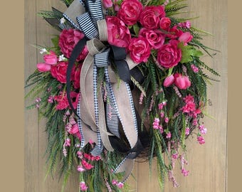 Corona de primavera lujosa XL/Corona de tulipanes/Corona de Pascua rosa/Corona de junco drapeado/Corona floral