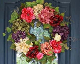 Corona floral de vid para puerta: peonías de primavera y verano, decoración de jardín estilo cabaña