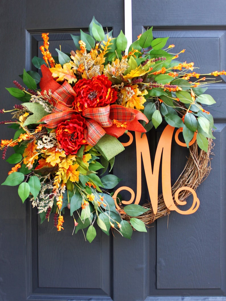 Fall Peony Door Wreath: Autumn Grapevine Wreath with Bow image 1