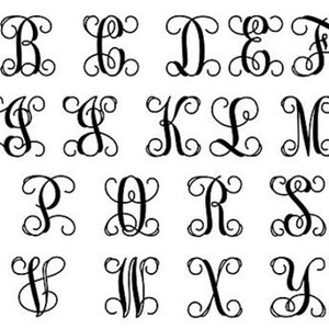May include: A set of 26 black and white alphabet letters in a decorative script font. Each letter is stylized with a flourish.