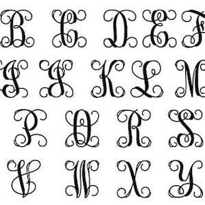 May include: A set of 26 black and white alphabet letters in a decorative script font. Each letter is stylized with a flourish and curl.