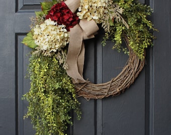 Hydrangea and draping greenery Grapevine Wreath: Year-Round Door Decor, Personalized Monogram