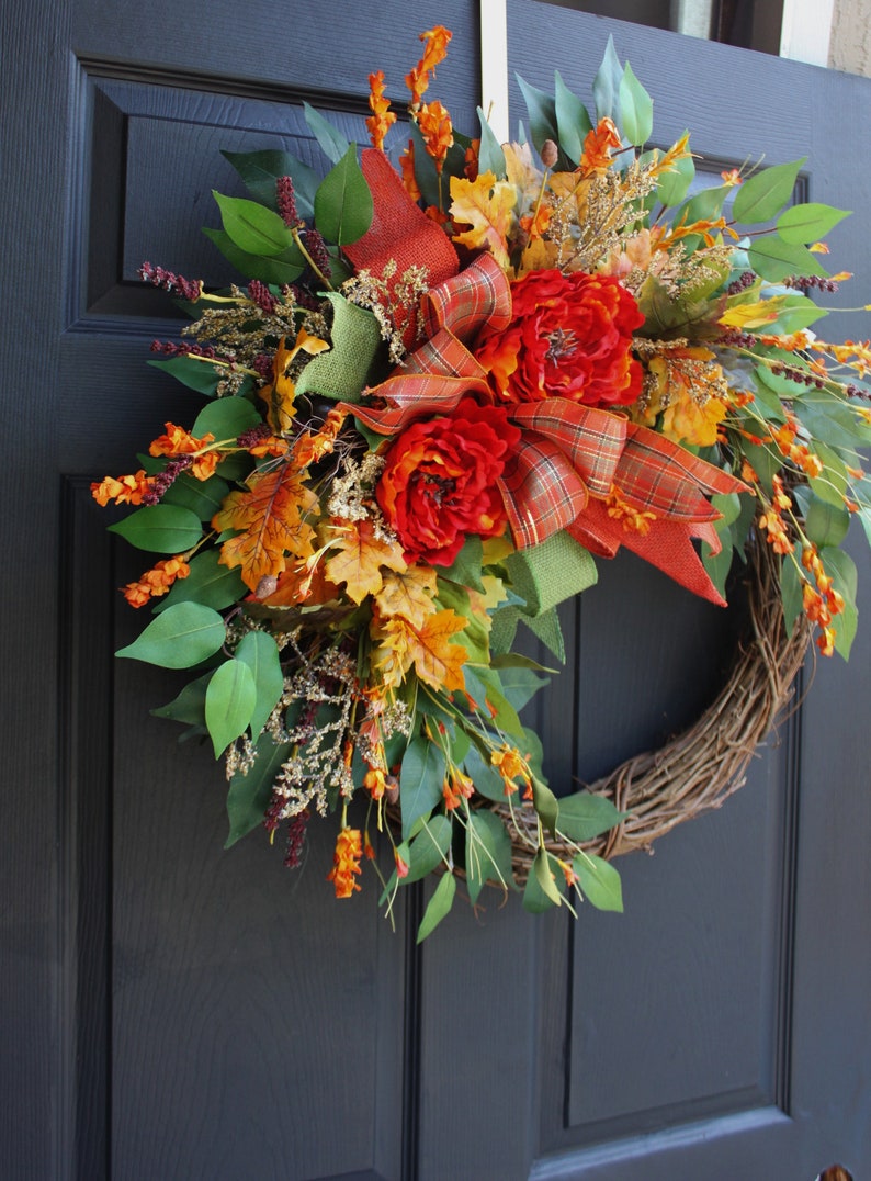 Fall Peony Door Wreath: Autumn Grapevine Wreath with Bow image 3