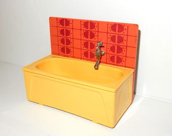 Bañera de baño vintage Lundby Muebles de madera Colección miniatura Casa de muñecas Habitación de muñecas Años 70 Baño naranja Retro