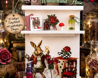 Diorama País de las Maravillas del Conejo OOak Miniatura Mundo Casa de Muñecas Silla Vintage Hecha a Mano Botella Mágica Cuento de Hadas Rosa Tarjetas Set de Setas Juego de 10 Piezas