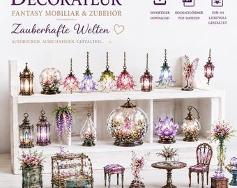 Decorador – Elf Cafe | Muebles y lámparas en miniatura de fantasía | 3 láminas impresas | Objetos de cristal florales, lámparas, mundos en miniatura, dioramas, álbumes de recortes