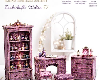 Decorador – Muebles Pink Blackberry | Miniatura de cuento de hadas de fantasía | 1 hoja impresa | Mundos en miniatura Dioramas Diarios de recortes Manga Cosplay