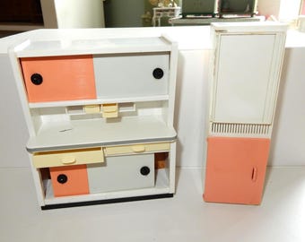 Mueble de cocina CRAILESHEIMER de 2 piezas, aparador con puerta corredera, estilo retro moderno, muebles vintage, madera, colección en miniatura, casa de muñecas, habitación de muñecas, 1960.