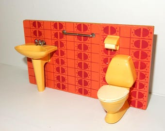 Baño, inodoro y lavabo, muebles Lundby vintage, colección de miniaturas de madera, casa de muñecas, años 70, naranja, baño retro *bien conservado*