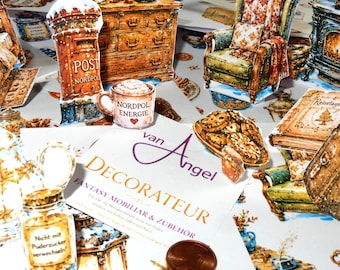 Decorador – Taller de Elfos | Inventario de Elfos Encantadores, juego de 4 piezas, hojas DIN A5 | Vajilla, comida, muebles, decoraciones en miniatura | Casa de muñecas | Tiempo libre para mamá