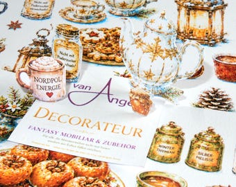 Decorador – Tienda de Elfos | Inventario de Elfos | Platos, Cartas, Comida, Decoraciones, Mundo en Miniatura | Juego de 2 hojas A5 para casa de muñecas | El momento de descanso de mamá