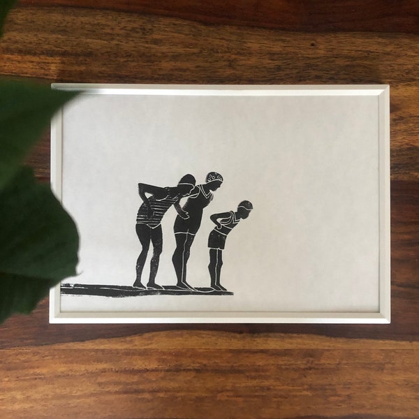 Tres mirando hacia abajo - corte en linóleo original