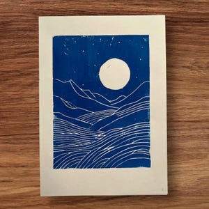Moon over the Sea - original lino cut. Limited edition