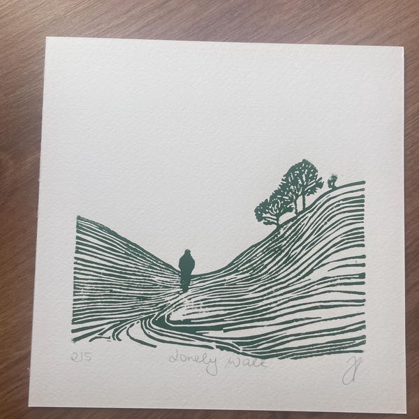 Lonely Walk - original limited edition linocut print - handmade handprinted wall art