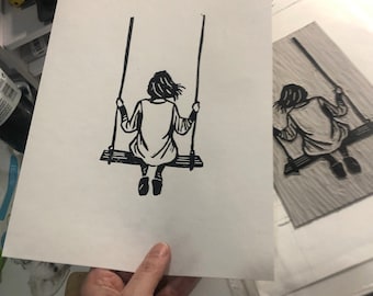 Girl on a Swing - original lino cut print