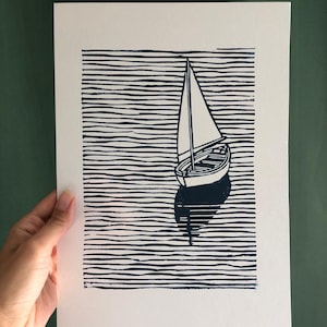 Sailboat and waves in the ocean - original lino cut. Limited edition