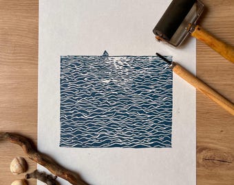 Little Boat on the wide Open Sea- original handprinted lino cut. Limited edition nautical art