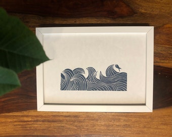 Wave and Fish - originele linosnedeprint