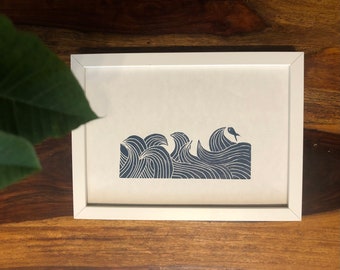 Wave and Fish - original linocut print