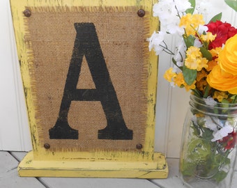 Wood letter sign, custom initials, bookcase entryway sign, self-standing, burlap signs, monogram block letters, Free Standing Wooden Letters