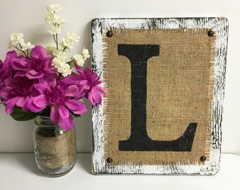 Burlap MONOGRAM, White Rustic Burlap Sign, Monogram Letter L, Distressed White Monogram, BURLAP sign, Rustic Weddng Sign, Wedding Burlap